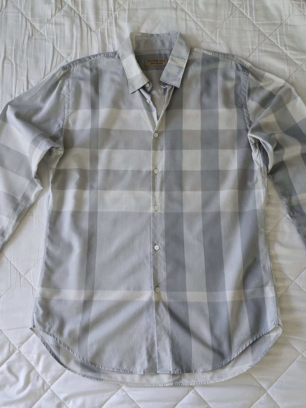 Burberry Men's Gray and White Check Dress Shirt